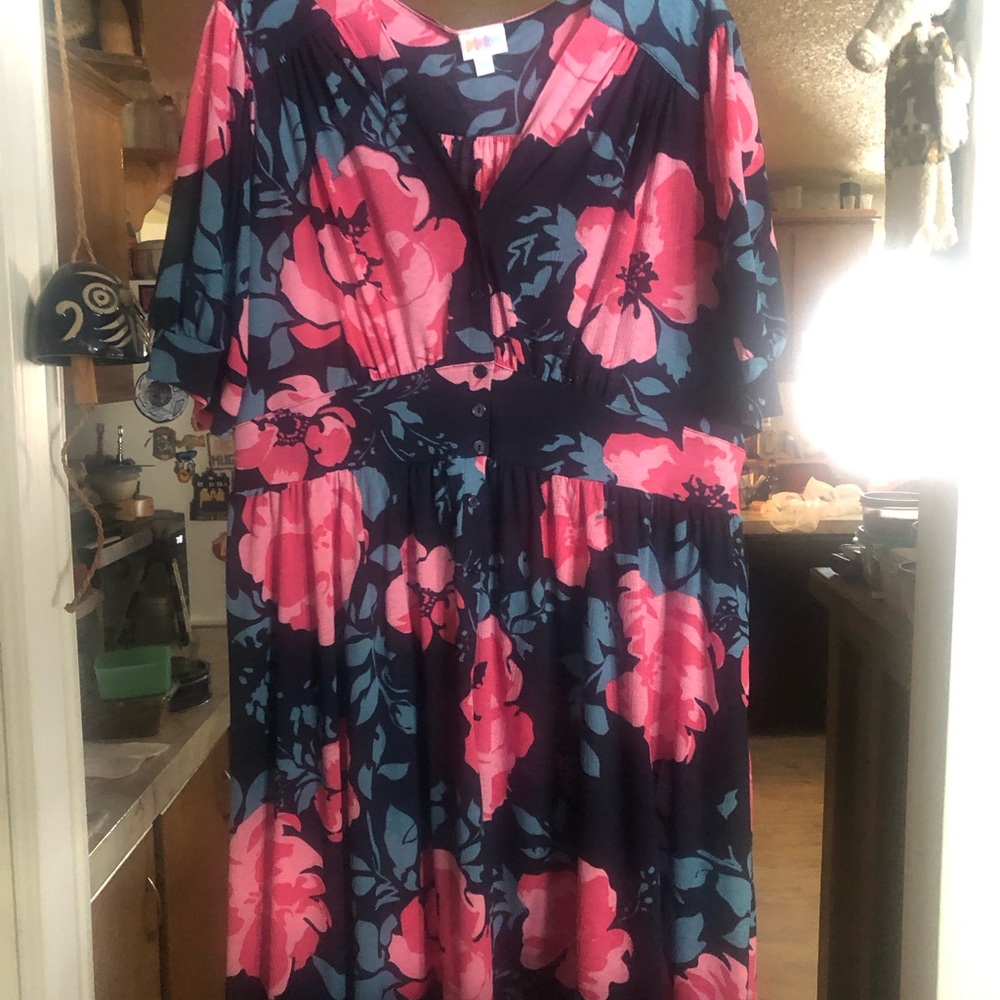 LuLaRoe Skyler Vibrant Pink and Blue Floral Midi Dress 2XL NWOT
